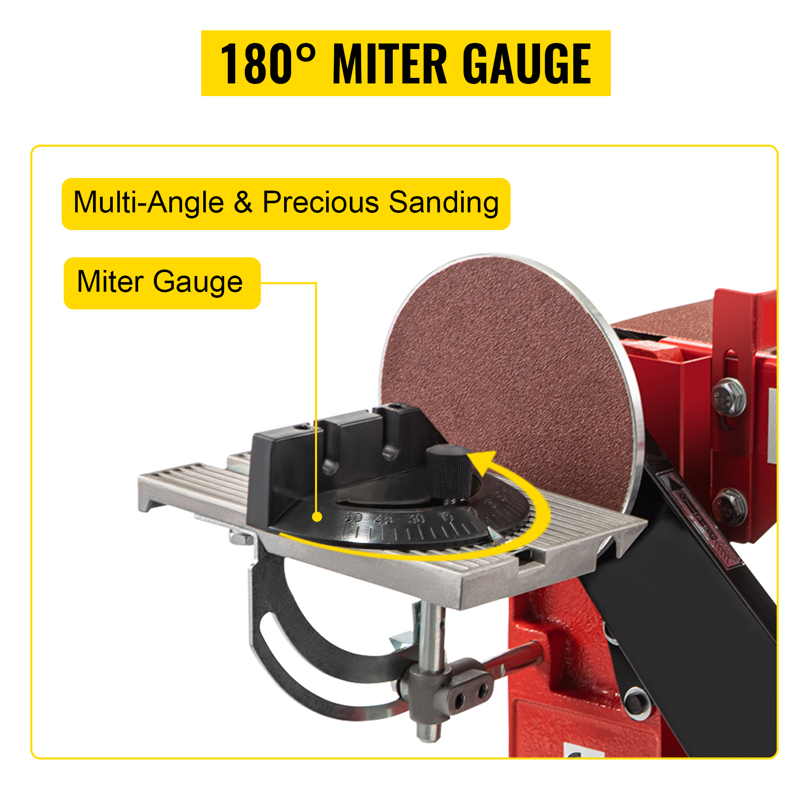 VEVOR belt sander with 180° miter gauge for multi-angle and precise sanding.
