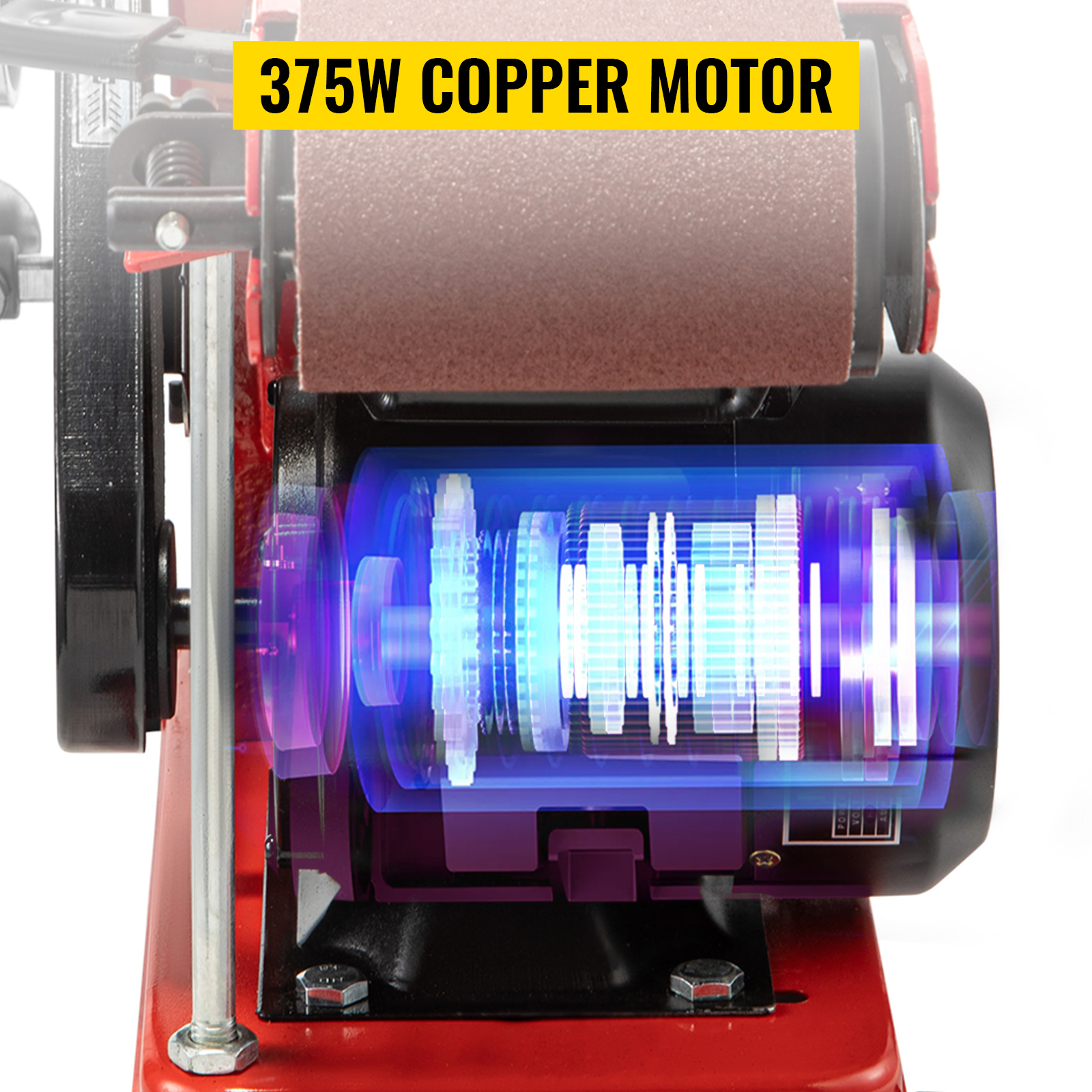 375w copper motor on VEVOR belt sander, highlighting internal components.