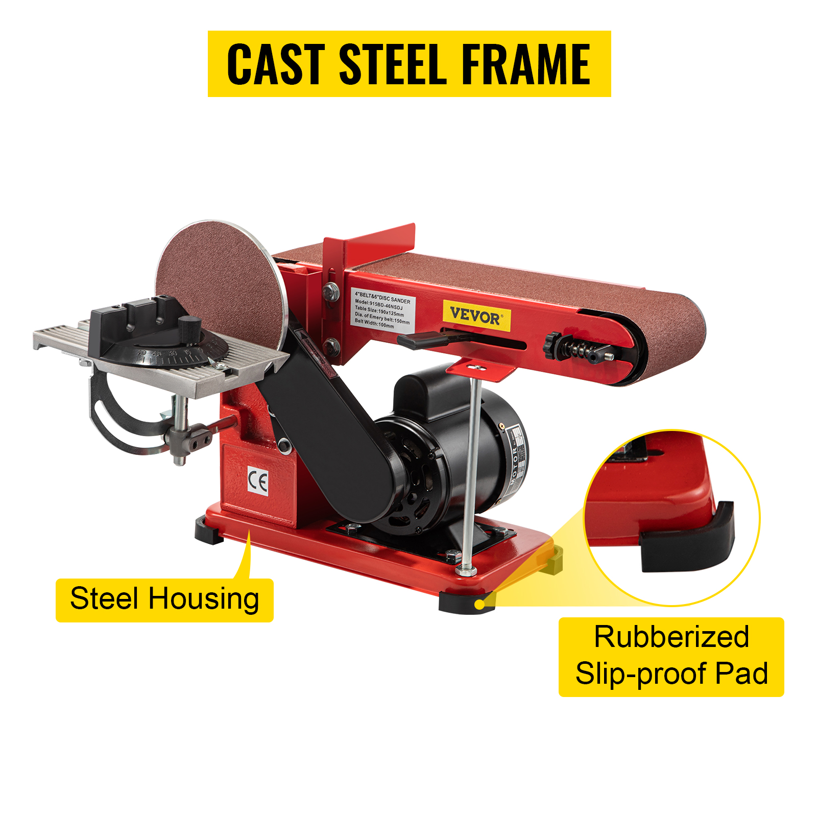 VEVOR belt sander with cast steel frame, steel housing, and rubberized slip-proof pad.