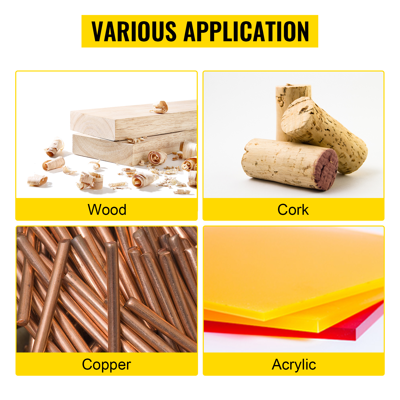 various applications for VEVOR belt sander: wood, cork, copper, acrylic.