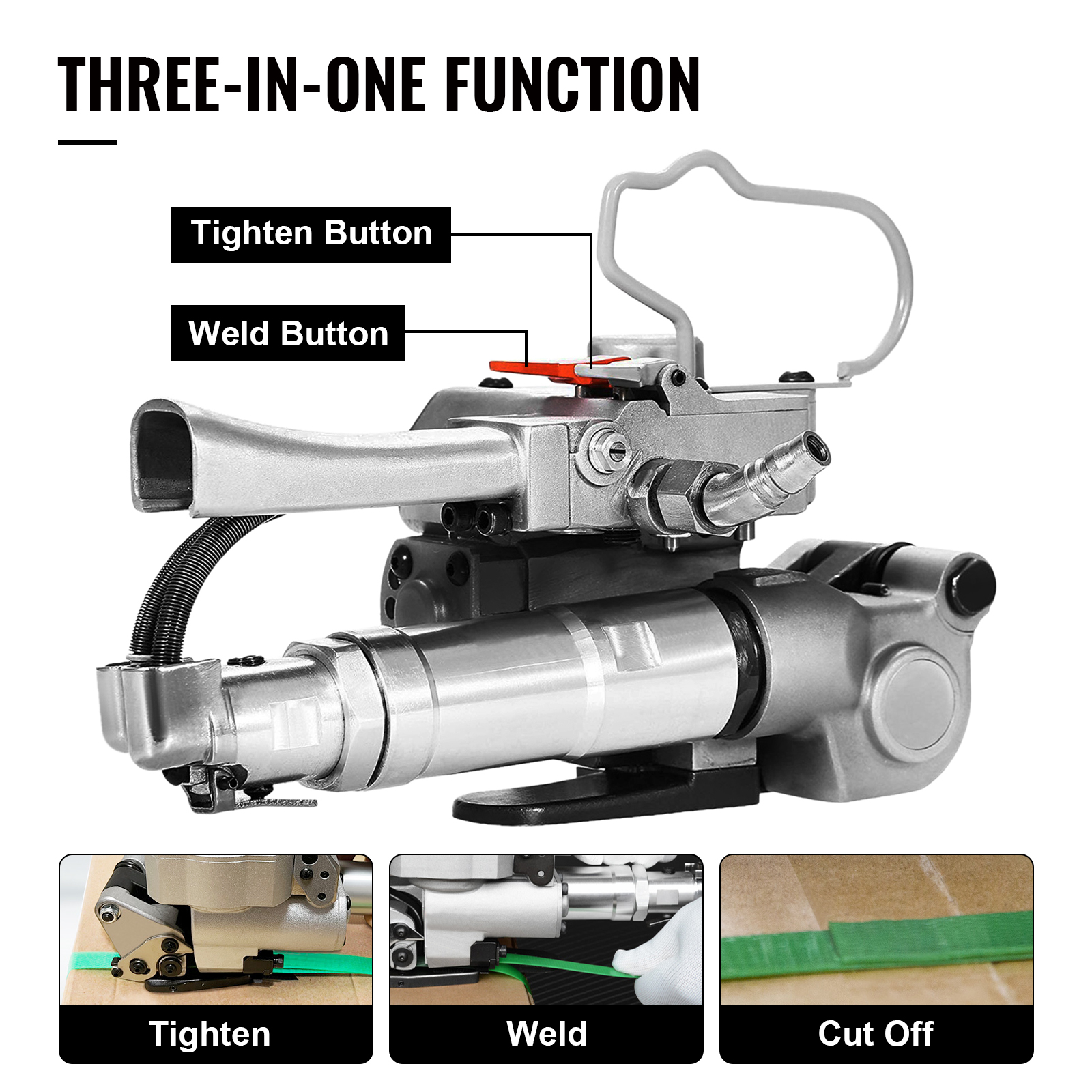 VEVOR pneumatic strapping tool with three-in-one function: tighten, weld, cut off.