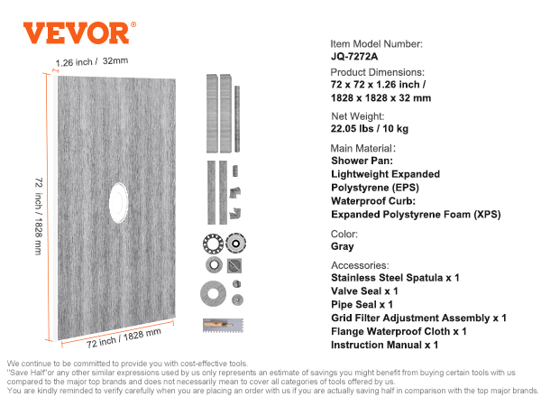 VEVOR shower pan kit details with gray pan, dimensions, highlighted accessories, and material specifications.