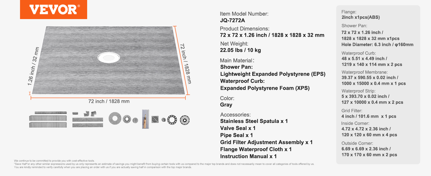 VEVOR shower pan kit details with gray pan, dimensions, highlighted accessories, and material specifications.