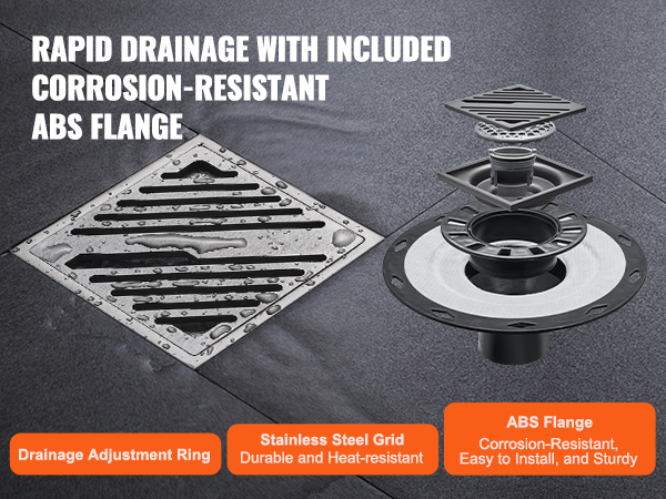 VEVOR shower pan kit with stainless steel grid, drainage adjustment ring, and abs flange for rapid drainage.