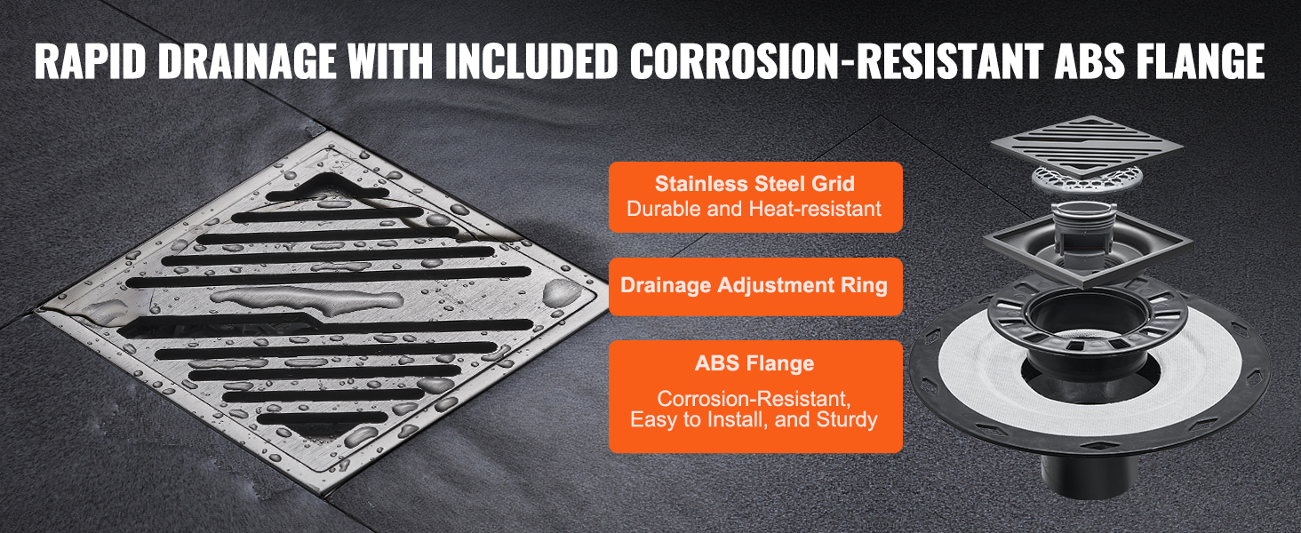 VEVOR shower pan kit with stainless steel grid, drainage adjustment ring, and abs flange for rapid drainage.