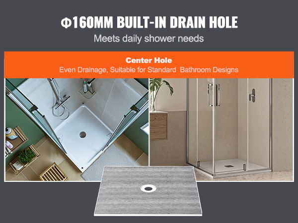 VEVOR shower pan kit with 160mm built-in center drain hole for even drainage in standard bathrooms.