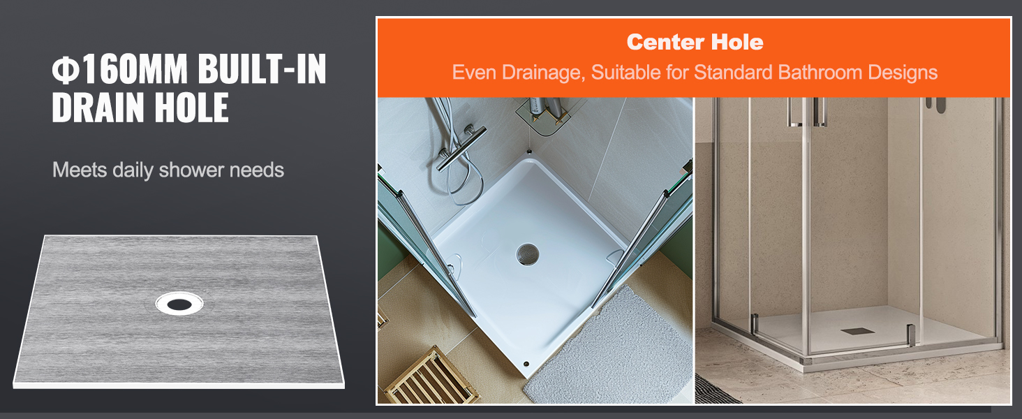 VEVOR shower pan kit with 160mm built-in center drain hole for even drainage in standard bathrooms.