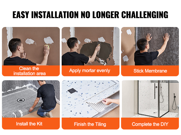 VEVOR shower pan kit includes tray, curb, waterproofing membrane, trowel, drain adjustment ring, and more.