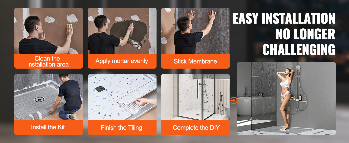 easy installation guide for VEVOR shower pan kit: clean, apply mortar, stick membrane, install, tile, shower.