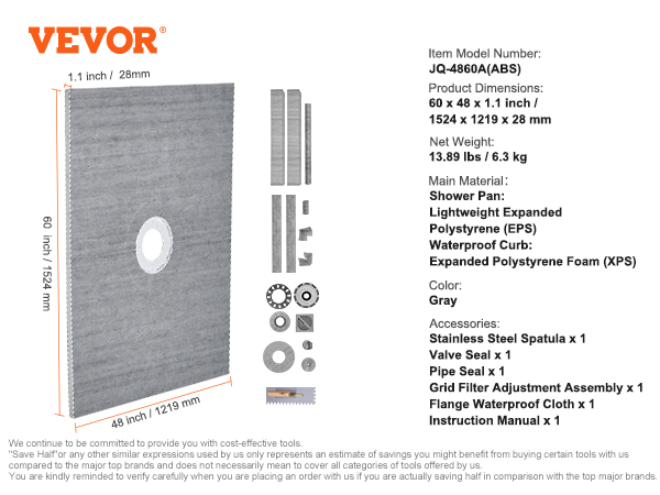 VEVOR shower curb kit, 60 x 48 x 1.1 in, gray, includes pan, curb, seals, and accessories.