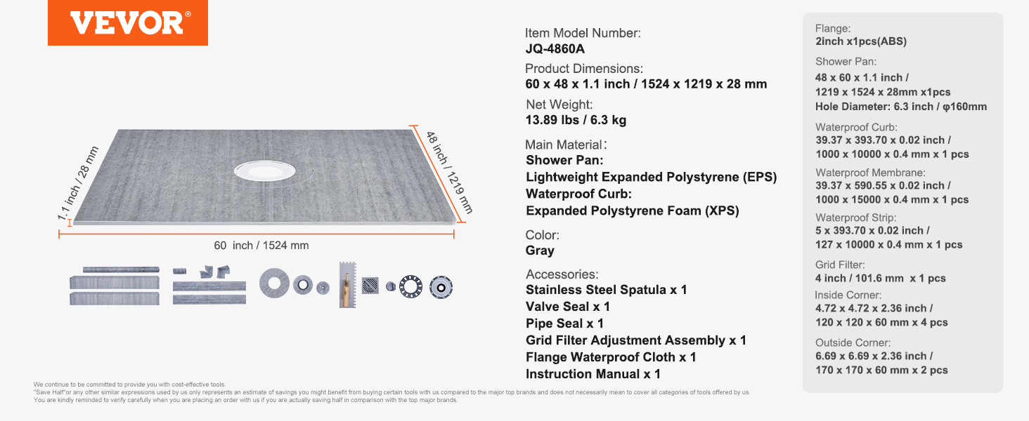 VEVOR shower curb kit, 60 x 48 x 1.1 in, gray, includes pan, curb, seals, and accessories.