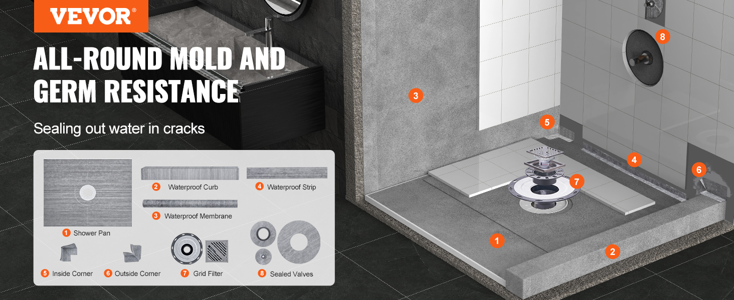 VEVOR shower curb kit, mold and germ resistant, includes waterproof curb, strip, membrane, corners, and valves.