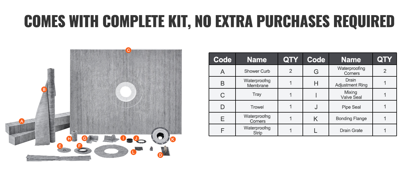 complete VEVOR shower curb kit contents with product codes and quantities listed.