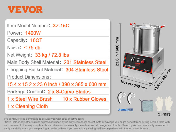 VEVOR food processor, 16qt capacity, stainless steel, 1400w power, includes blades, gloves, brush, cloth.