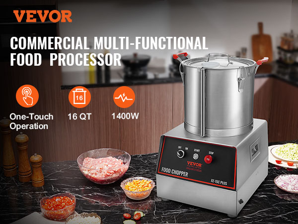 VEVOR food processor in a modern kitchen with chopped vegetables and meat on a marble countertop.