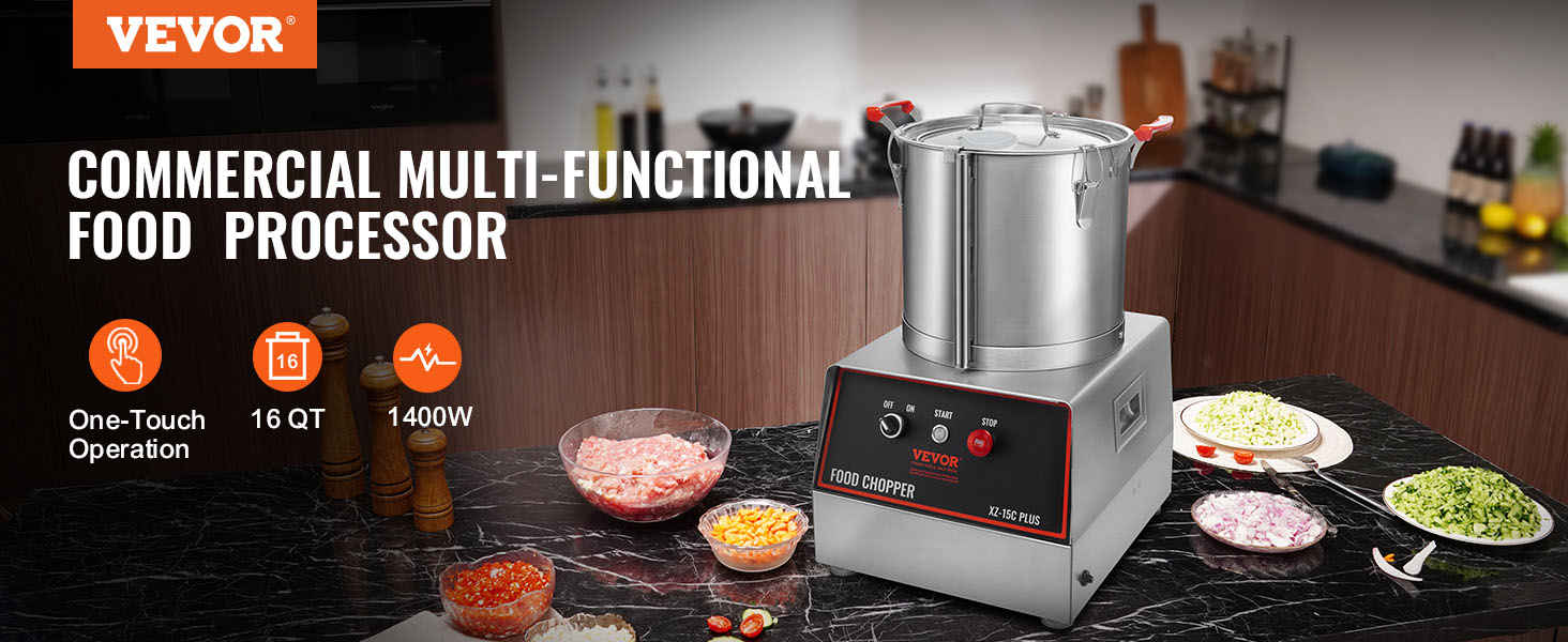 VEVOR food processor in a modern kitchen with chopped vegetables and meat on a marble countertop.