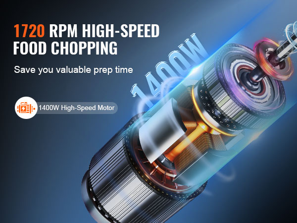 high-speed VEVOR food processor with 1400w motor and 1720 rpm for efficient food chopping.