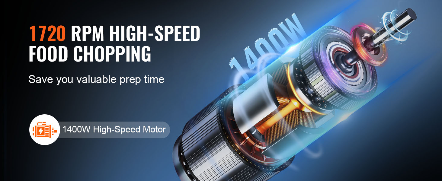 high-speed VEVOR food processor with 1400w motor and 1720 rpm for efficient food chopping.