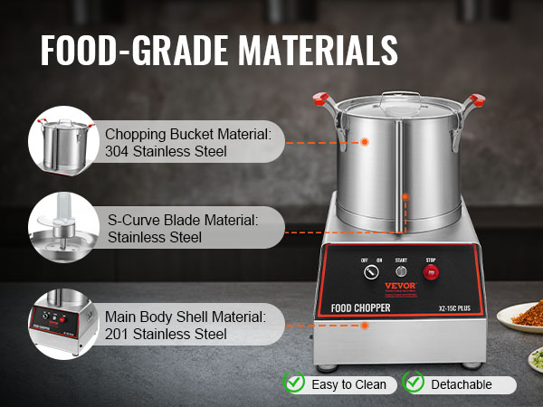 VEVOR food processor with food-grade stainless steel body, detachable parts, and easy-to-clean design.