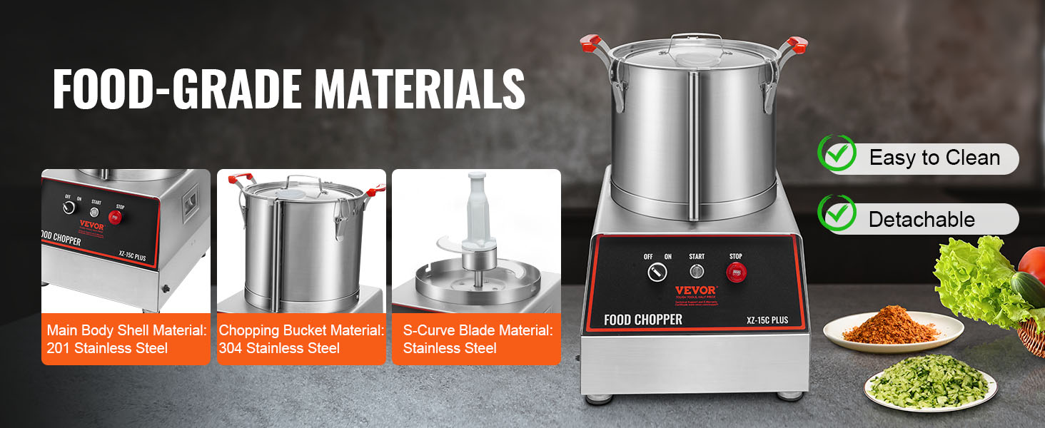 VEVOR food processor with food-grade stainless steel body, detachable parts, and easy-to-clean design.