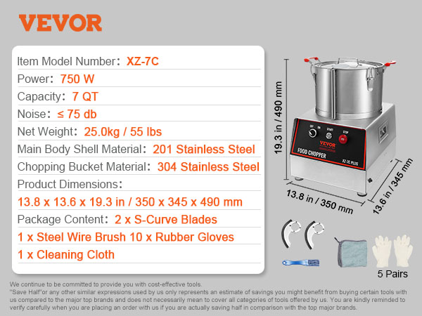 VEVOR food processor xz-7c, 7qt capacity, 750w, stainless steel, includes accessories, dimensions shown.
