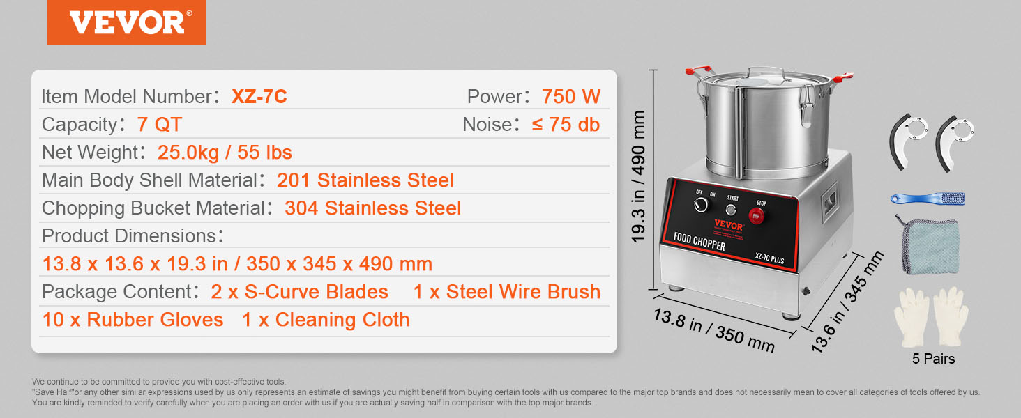 VEVOR food processor xz-7c, 7qt capacity, 750w, stainless steel, includes accessories, dimensions shown.