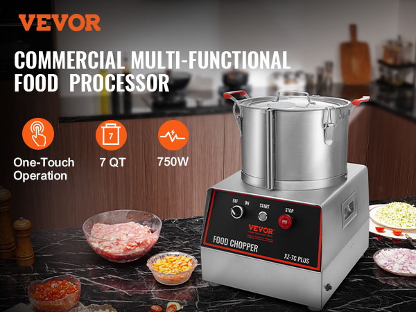 VEVOR food processor in a kitchen with chopped vegetables, spices, and bowls nearby.
