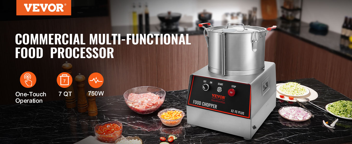 VEVOR food processor in a kitchen with chopped vegetables, spices, and bowls nearby.