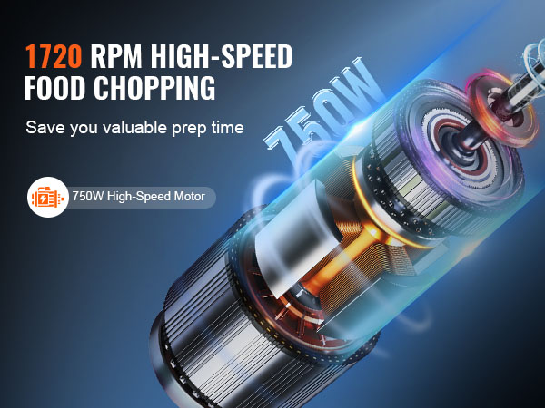 1720 rpm VEVOR food processor, 750w high-speed motor, saves you valuable prep time.