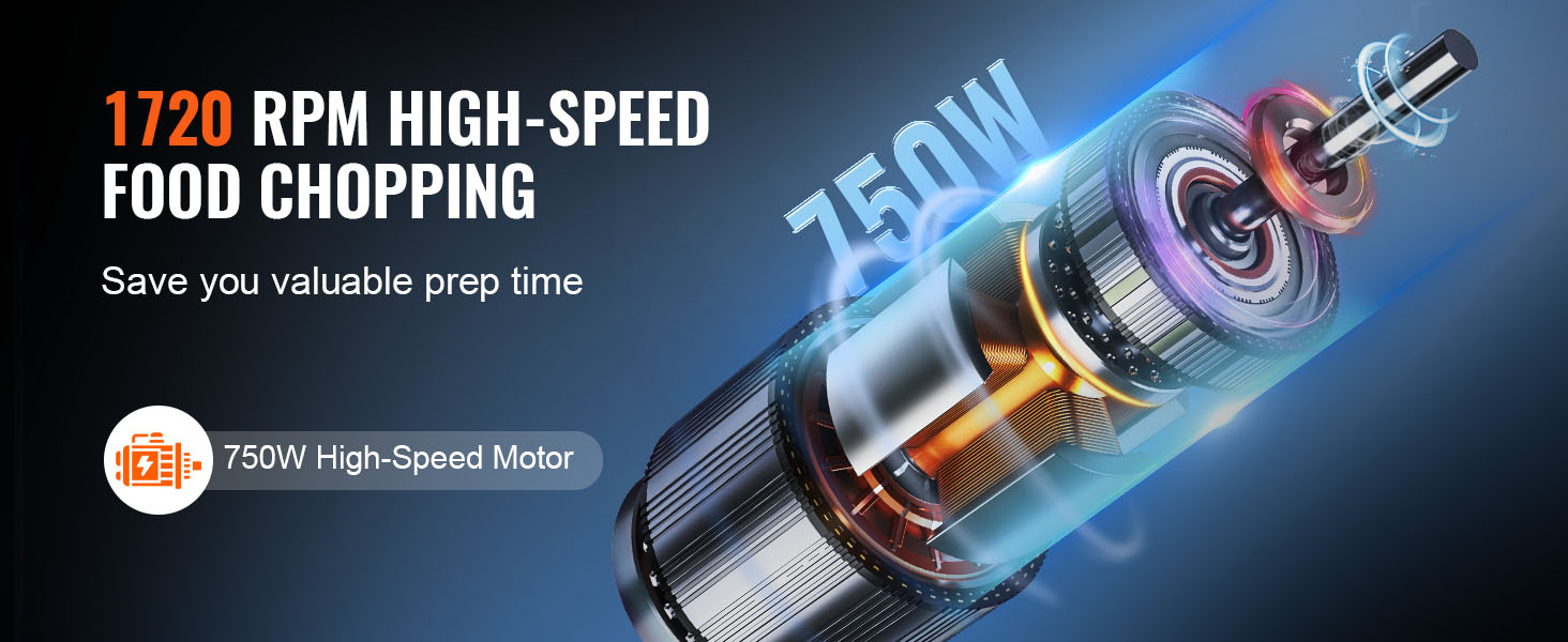 1720 rpm VEVOR food processor, 750w high-speed motor, saves you valuable prep time.
