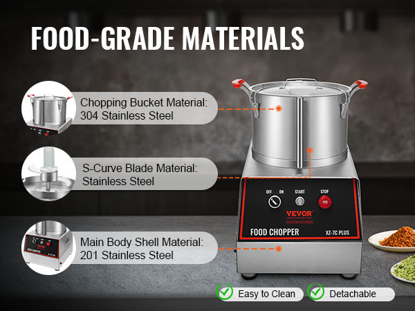 VEVOR food processor with stainless steel body, detachable chopping bucket, and easy-to-clean features.