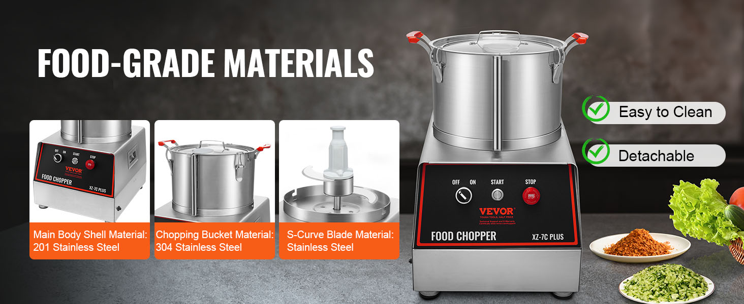 VEVOR food processor with stainless steel body, detachable chopping bucket, and easy-to-clean features.