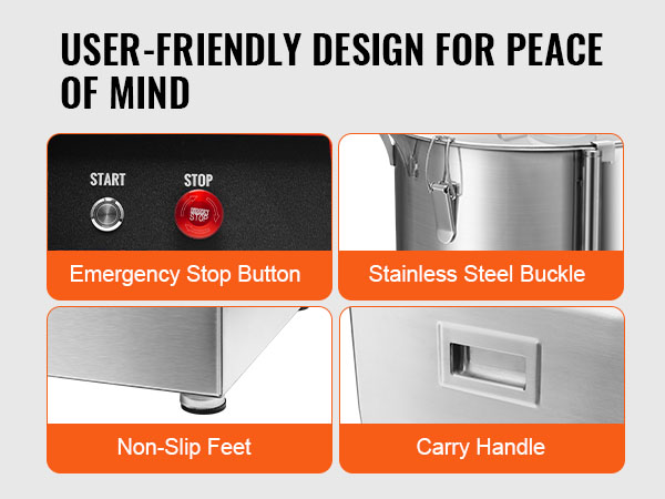 VEVOR food processor features emergency stop button, stainless steel buckle, non-slip feet, and carry handle.