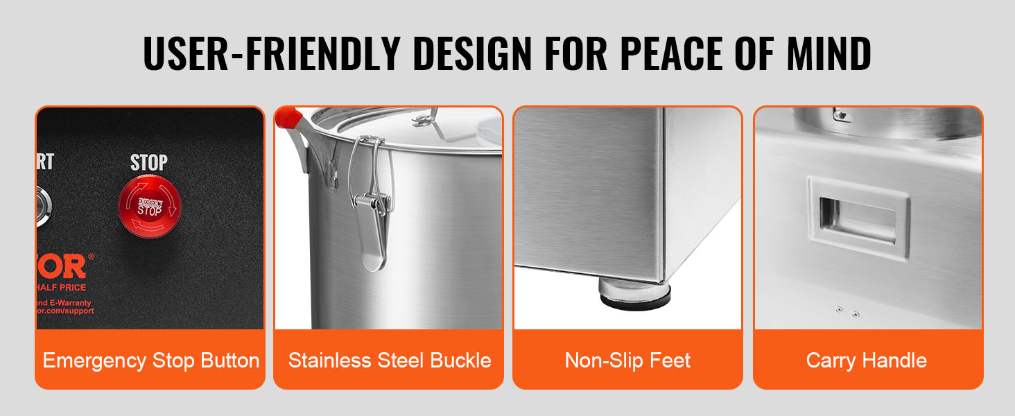 VEVOR food processor features emergency stop button, stainless steel buckle, non-slip feet, and carry handle.