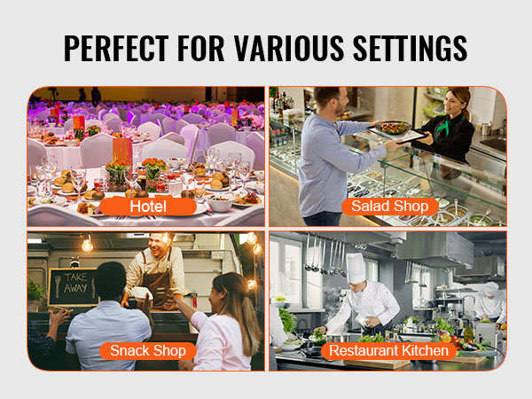 VEVOR food processor used in hotel, salad shop, snack shop, and restaurant kitchen settings.