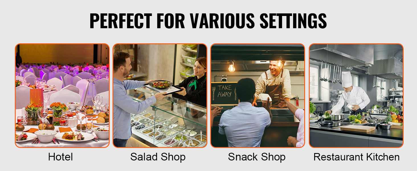 VEVOR food processor used in hotel, salad shop, snack shop, and restaurant kitchen settings.