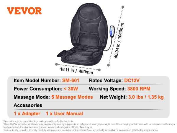 VEVOR massage seat cushion sm-601 with 5 modes, dc12v, 3800 rpm, lightweight at 3.0 lbs.