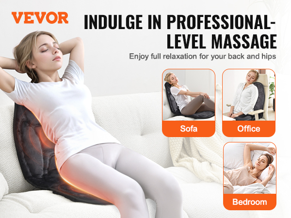 VEVOR massage seat cushion with 10 vibration motors, 3 heating therapy areas, and 3 level timing.