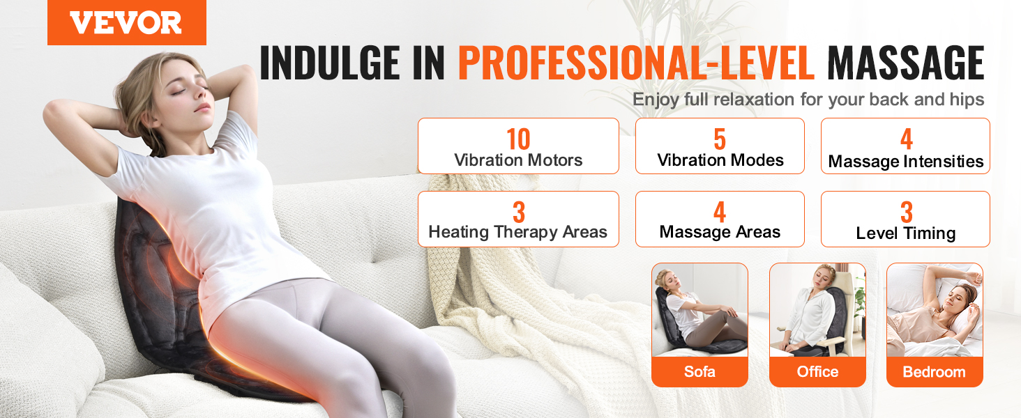 VEVOR massage seat cushion with 10 vibration motors, 3 heating therapy areas, and 3 level timing.