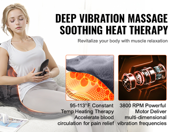 deep vibration massage and soothing heat therapy with VEVOR massage seat cushion for muscle relaxation.