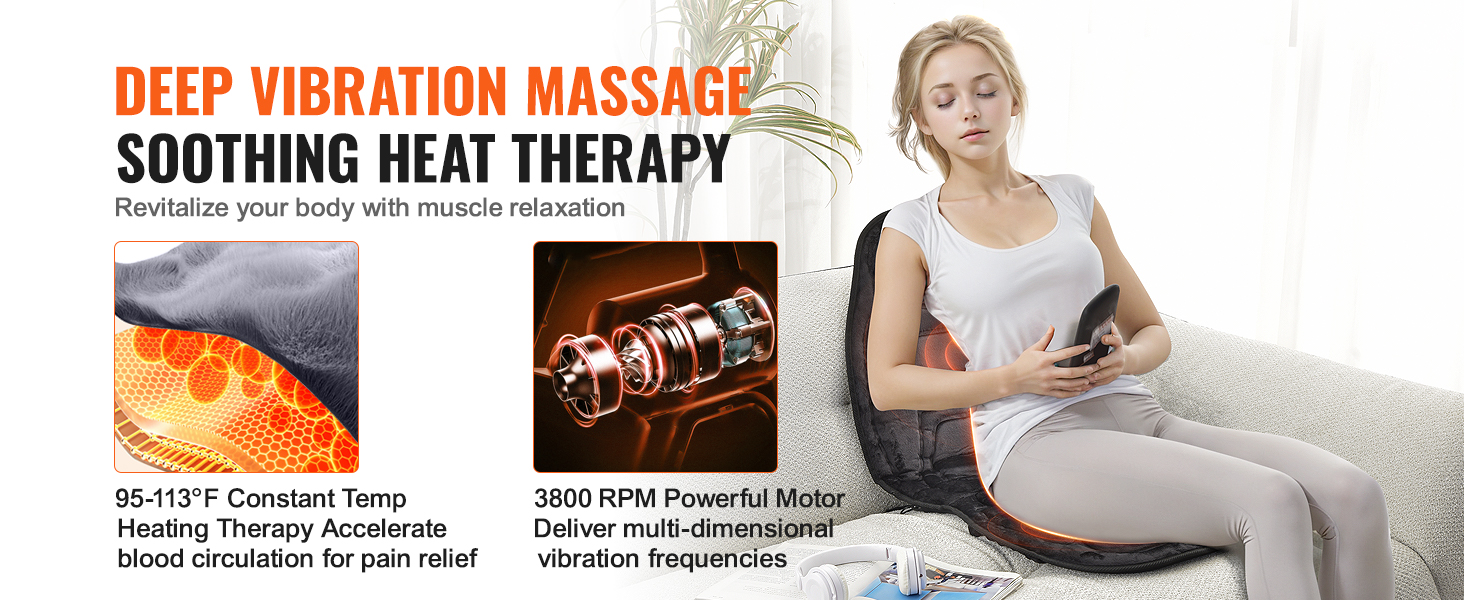deep vibration massage and soothing heat therapy with VEVOR massage seat cushion for muscle relaxation.