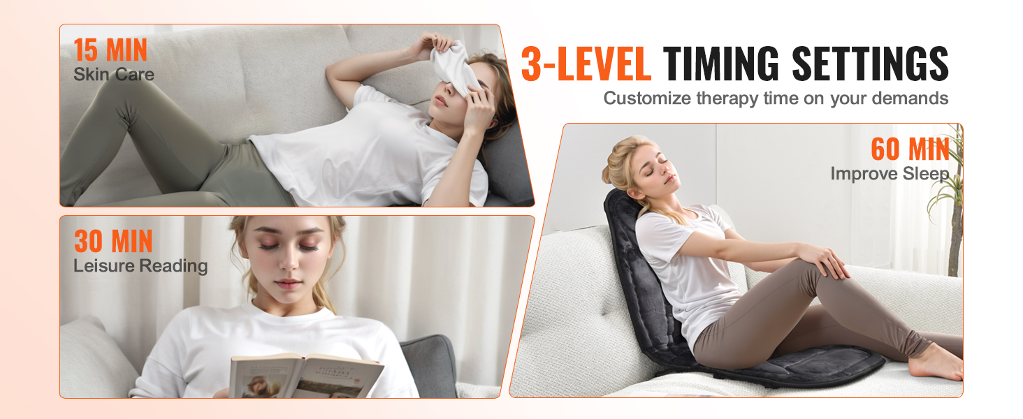 VEVOR massage seat cushion with 3-level timing settings for skin care, leisure reading, and improved sleep.
