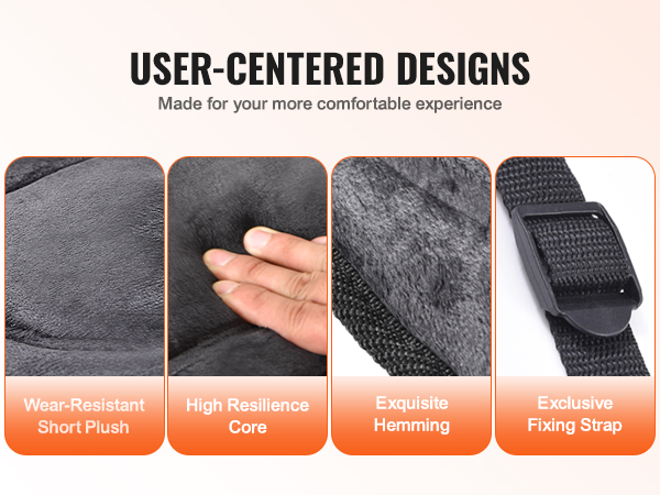 VEVOR massage seat cushion with wear-resistant short plush, high resilience core, and fixing strap.