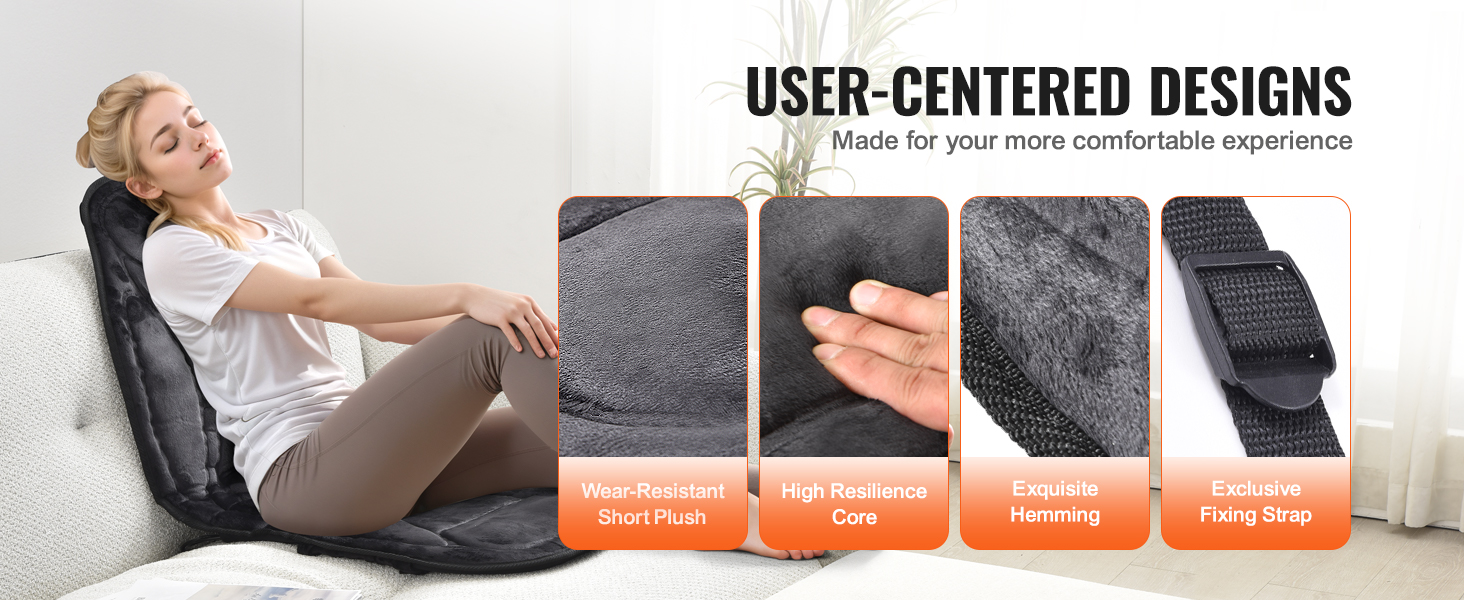 VEVOR massage seat cushion with wear-resistant short plush, high resilience core, and fixing strap.