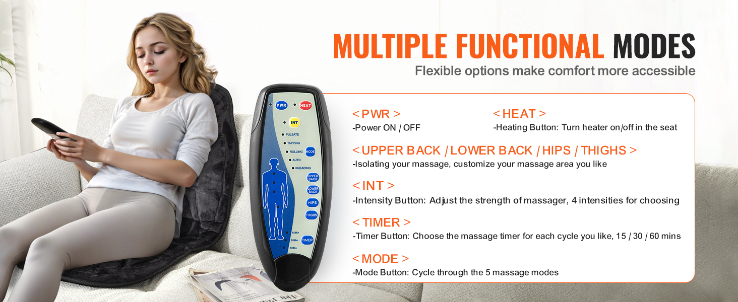 VEVOR massage seat cushion in use, showcasing multiple functional modes and remote control options.