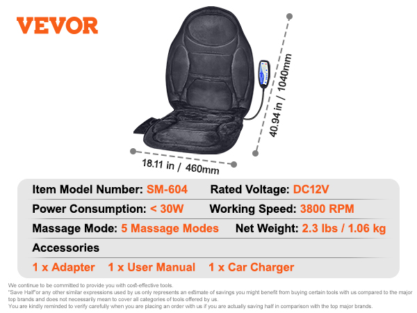 VEVOR massage seat cushion with heat, 5 massage modes, dc12v, 3800 rpm, adapter, car charger.