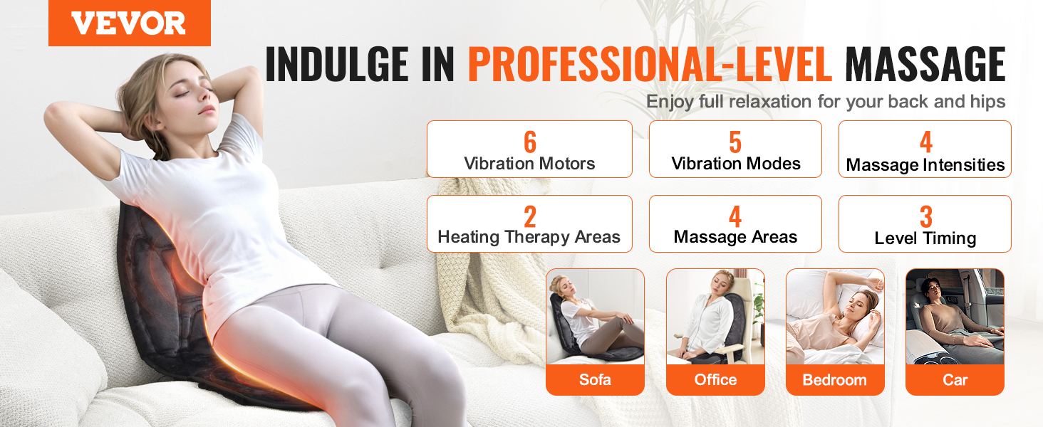 VEVOR massage seat cushion with heat offering vibration motors, heating therapy, and multiple massage modes.