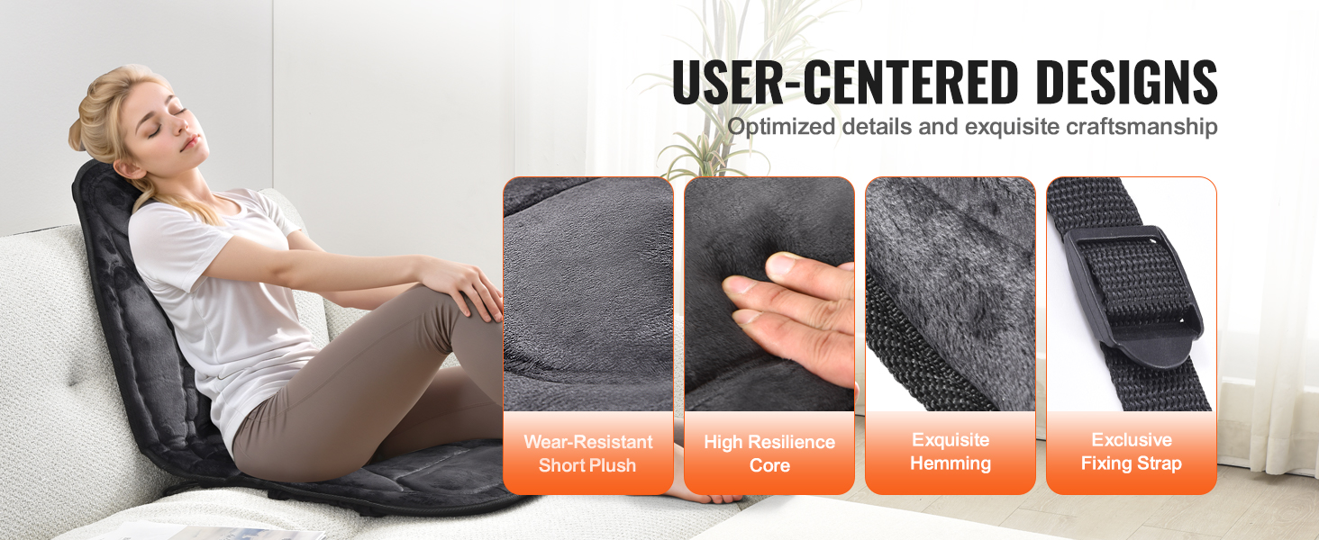 woman using VEVOR massage seat cushion with heat, highlighting plush fabric, resilience, hemming, and fixing strap.