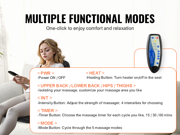 woman using VEVOR massage seat cushion with heat, highlighting multiple functional modes on the control panel.