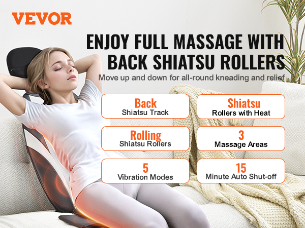 VEVOR shiatsu back massager with heat and vibration, offering full back relief and 15-minute auto shut-off.